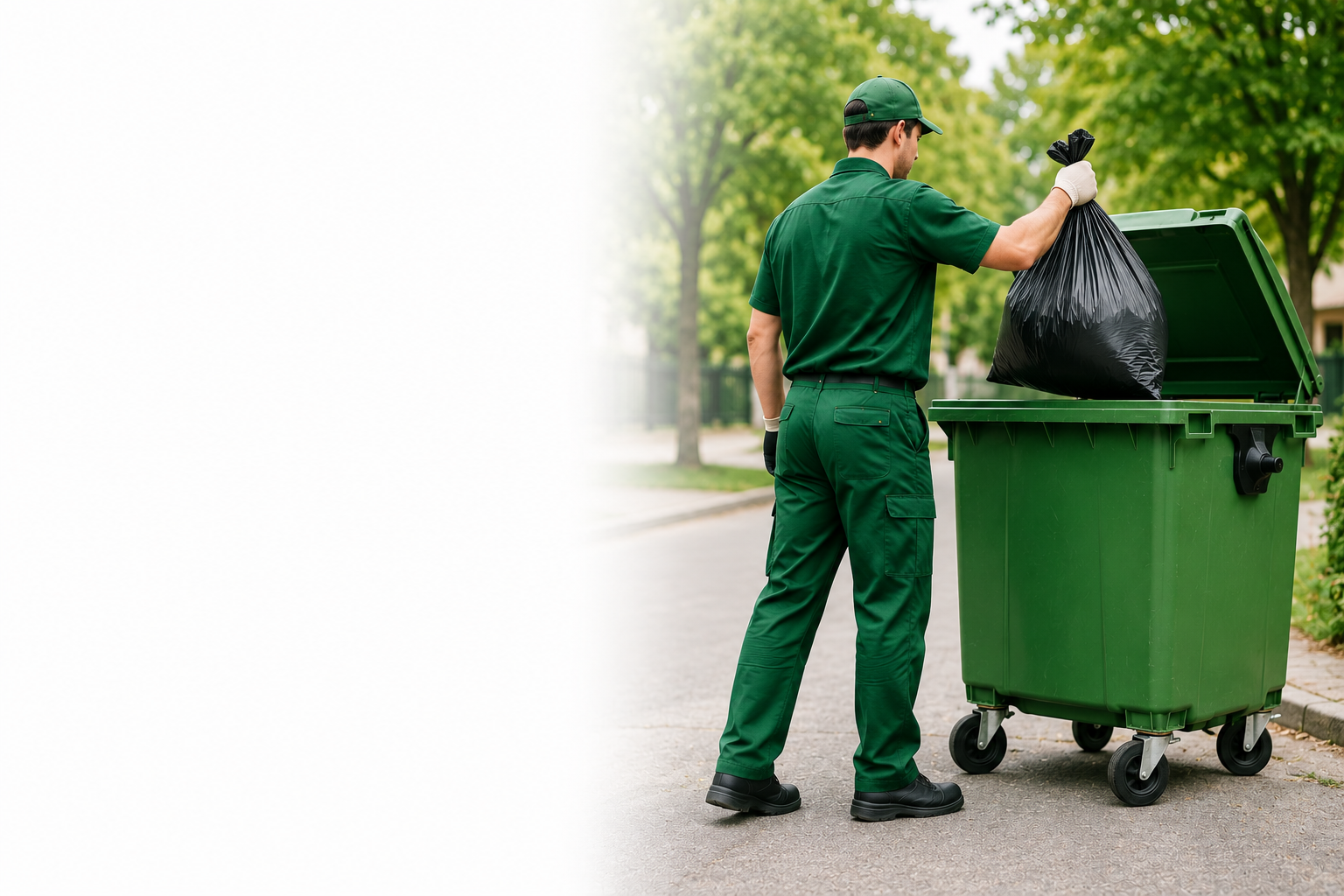 Waste collector putting a bag into a wheelie bin
